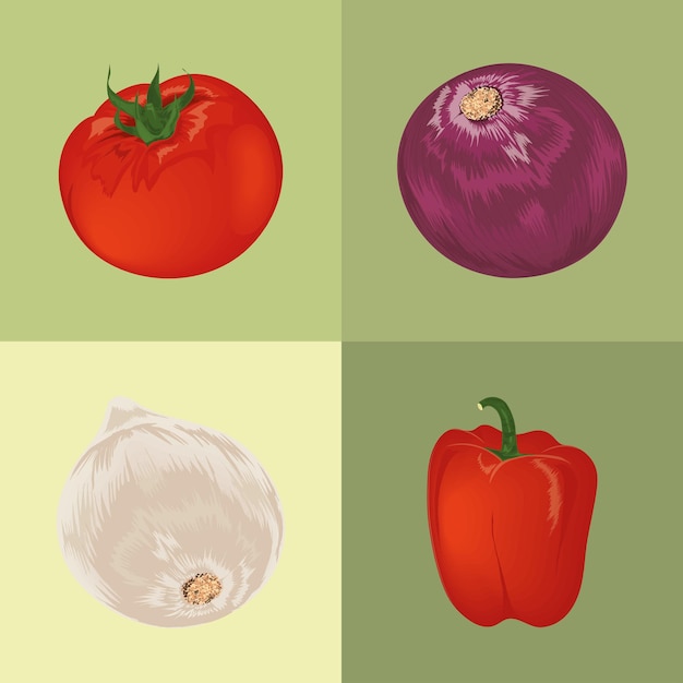 Vector gratuito verduras frescas tomate, cebolla y pimiento