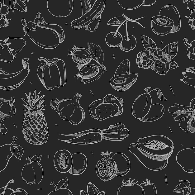 Verduras y frutas blancas del doodle aisladas en el modelo inconsútil de la pizarra.