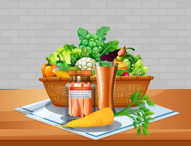 Verduras y frutas en una canasta sobre la mesa con fondo de pared de ladrillo