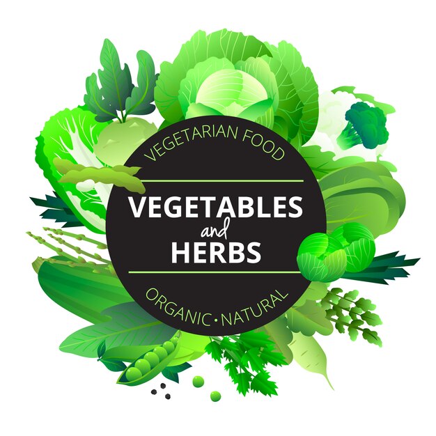 Las verduras y las hierbas orgánicas naturales redondearon con el ejemplo abstracto verde del vector del apio y del guisante del calabacín de la col