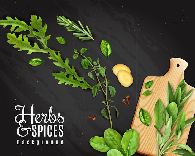 Vector gratuito verduras de hoja verde hierbas promoción pizarra con rúcula romero espinacas jengibre en tabla de cortar