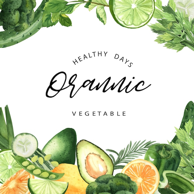 Verduras verdes acuarela marco orgánico, pepino, guisantes, brócoli, apio