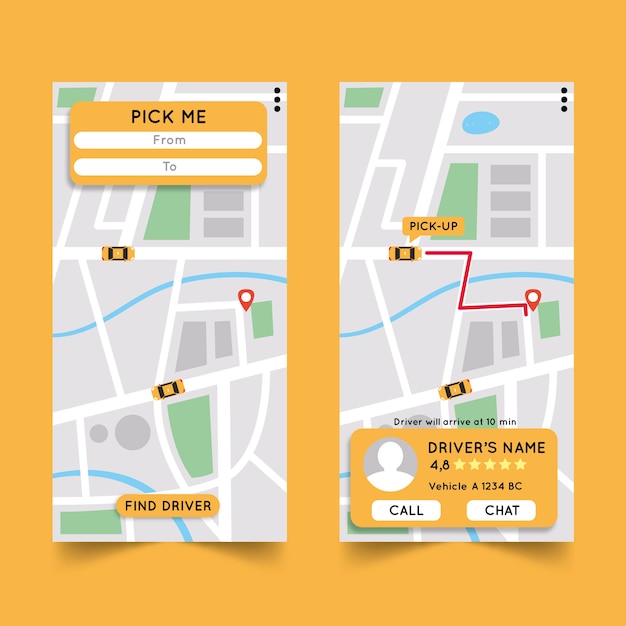 Vector gratuito versiones de la interfaz de la aplicación taxi