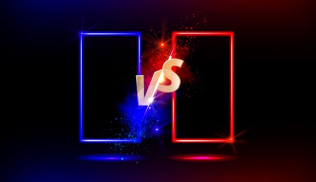 Vector gratuito versus vs letrero dorado con marcos o bordes vacíos azules y rojos y chispas brillantes en negro