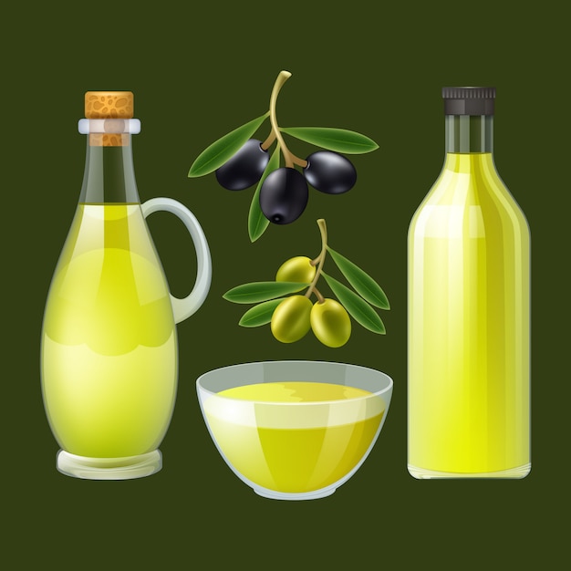 Vertedor de botellas de aceite de oliva prensado fresco con cartel de aceitunas negras y verdes ornamentales