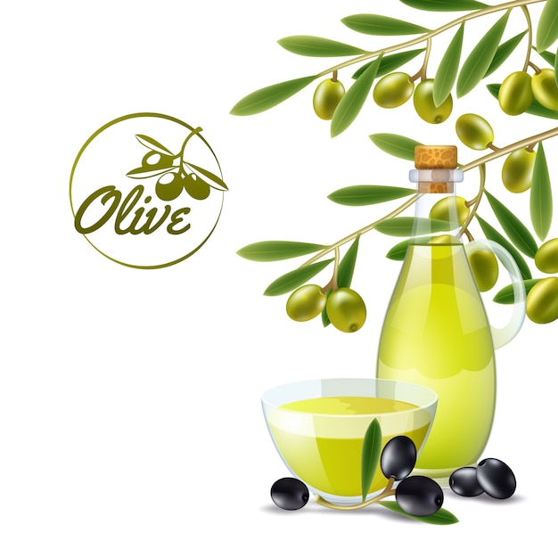 Vector gratuito vertidor del aceite de oliva con la rama del cartel decorativo del fondo de las aceitunas verdes