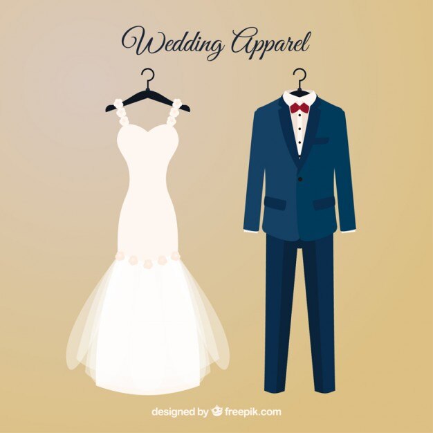 Vestido de novia y traje de novio con perchas