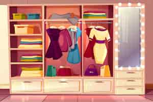 Vector gratuito vestidor de dibujos animados de una mujer. armario con ropa, perchas con disfraces.