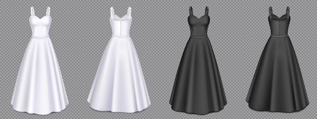 Vestidos de mujer blancos y negros con corsé y falda maxi en la parte delantera y trasera. Vector realista maqueta 3d de vestido de noche de chicas en blanco con escote corazón aislado sobre fondo transparente