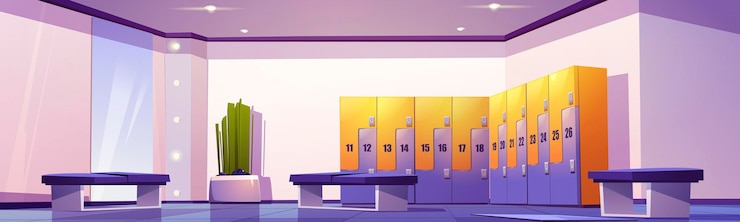 Vector gratuito vestuario con casilleros en la escuela o en el área del gimnasio.