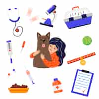 Vector gratuito veterinario de dibujos animados con perro y herramientas para niños conjunto de ilustraciones