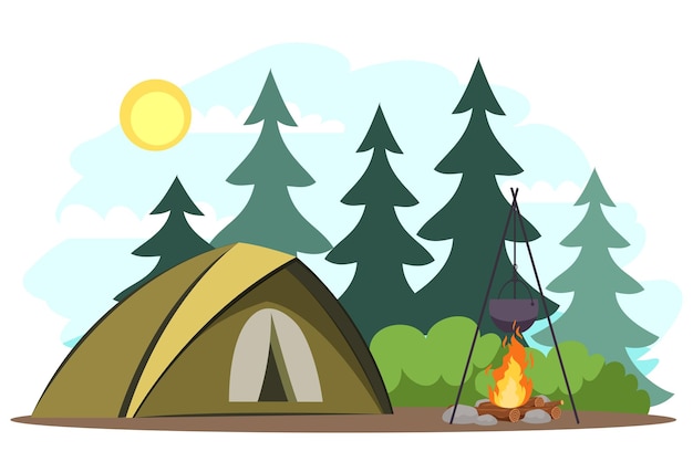 Viajar y acampar carpa de fondo y fogata con bot hirviendo en el bosque Escena al aire libre turística hermoso día panorama horizontal escénico