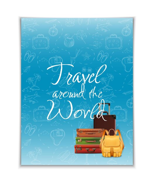 Viajar alrededor del mundo banner con elementos dibujados a mano y equipaje realista Vector