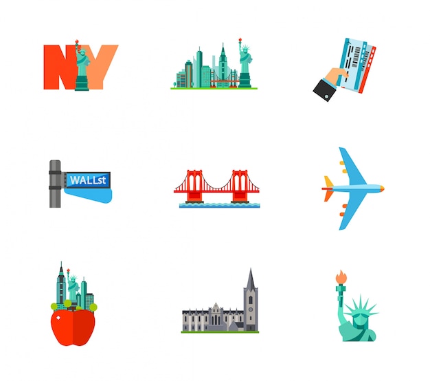 Vector gratuito viajar a nueva york conjunto de iconos