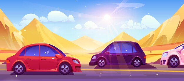 Viaje de carretera de asfalto en coche en vector del desierto
