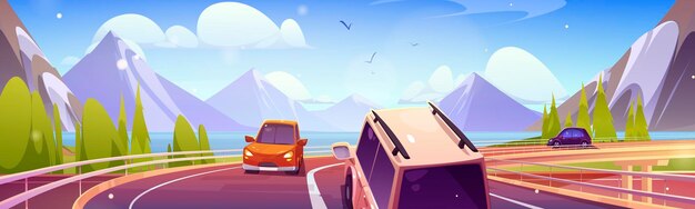 Viaje en coche por carretera a la montaña paisaje de dibujos animados vectorial Aventura de viaje de verano para conducir en autopista curva Ruta curva a la agua del océano y los Alpes escena de perspectiva del medio ambiente Tráfico de vehículos de fin de semana