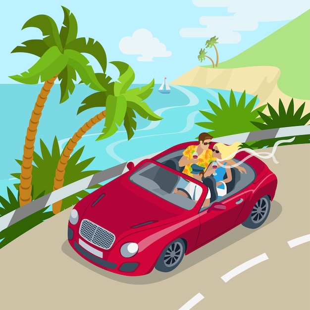 Viaje pareja cabrio coche plano 3d web