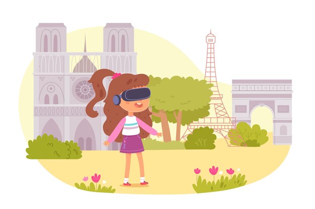 Viaje de realidad virtual del personaje de una niña con gafas vr que viaja en Europa simulación en línea de la experiencia de viaje digital de los famosos monumentos de la ciudad aislado en blanco