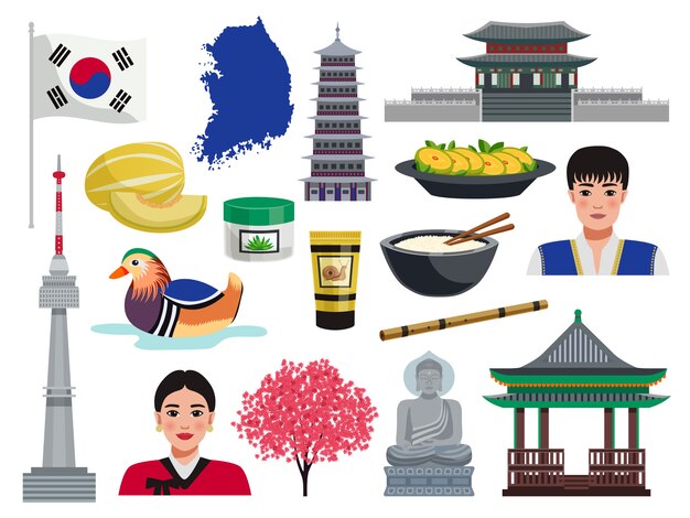 Viaje de turismo de Corea del sur con iconos aislados de símbolos nacionales valores culturales ilustración de alimentos y personas
