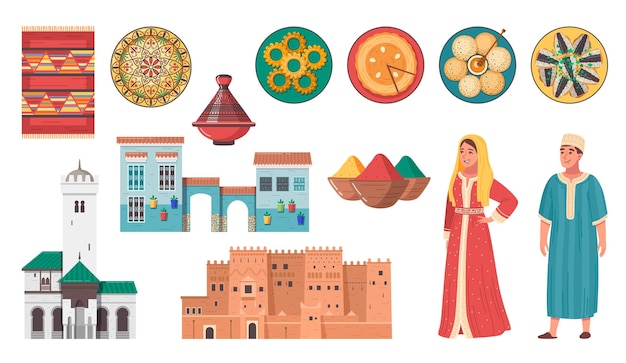 Vector gratuito viaje turístico de marruecos con iconos planos de comida edificios antiguos trajes tradicionales en ilustración de vector de fondo en blanco