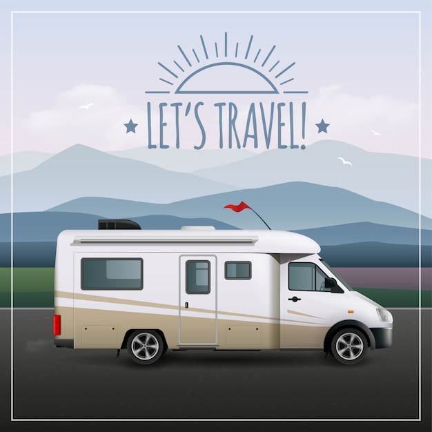 Viajemos con un cartel con un vehículo recreativo realista RV en campamentos en la carretera