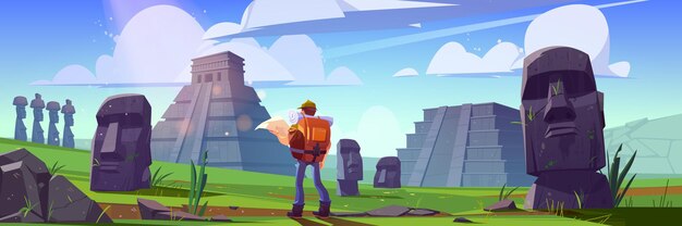 Viajero en antiguas pirámides mayas o estatuas moai