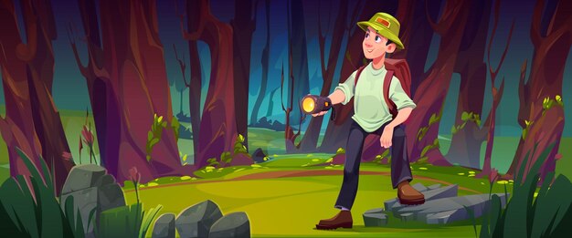 Viajero con linterna y mochila en bosque