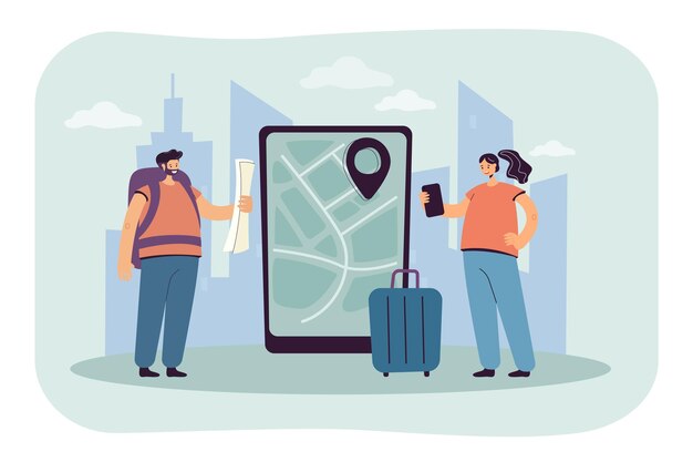 Viajeros de pie junto a la tableta con mapa en pantalla. Hombre y mujer con bolsas construyendo ruta de viaje ilustración plana