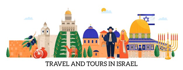 Viajes y excursiones a israel banner horizontal plano con personas vistas arquitectónicas e ilustraciones de vectores de naturaleza