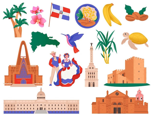 Vector gratuito viajes a la república dominicana con íconos aislados de vista frontal de edificios famosos vistas comida y naturaleza vector ilustración