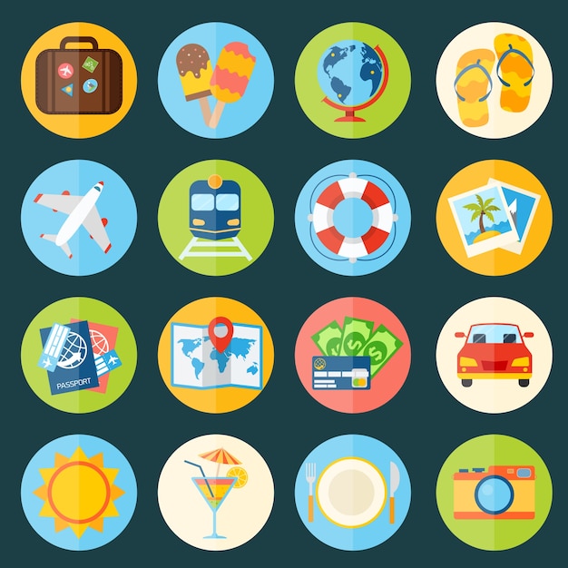 Viajes vacaciones vacaciones iconos conjunto de maleta globo helado aislado ilustración vectorial