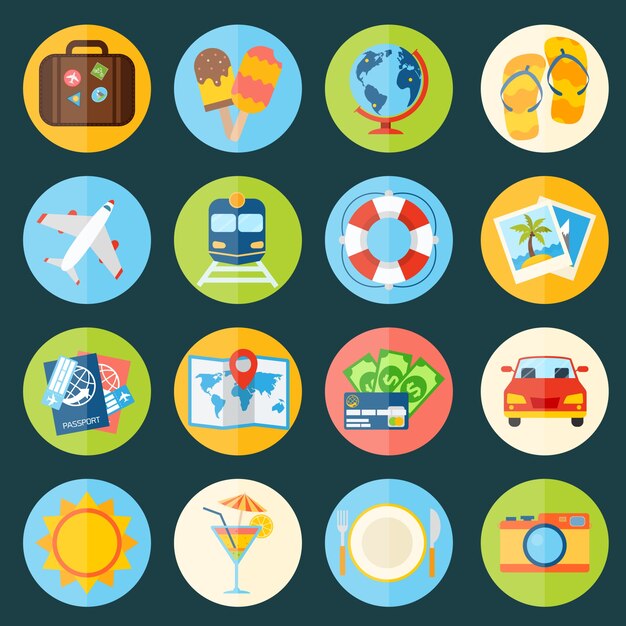 Viajes vacaciones vacaciones iconos conjunto de maleta globo helado aislado ilustración vectorial