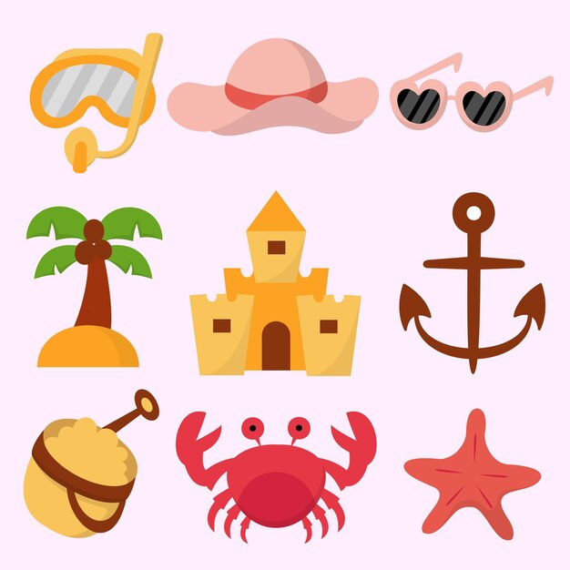 Viajes de vacaciones de verano y elementos turísticos Objetos turísticos coloridos como Snorkel sombrero gafas de sol árbol de coco castillo de arena ancla caja de arena cangrejo estrella de mar Ilustración de vector plano de dibujos animados