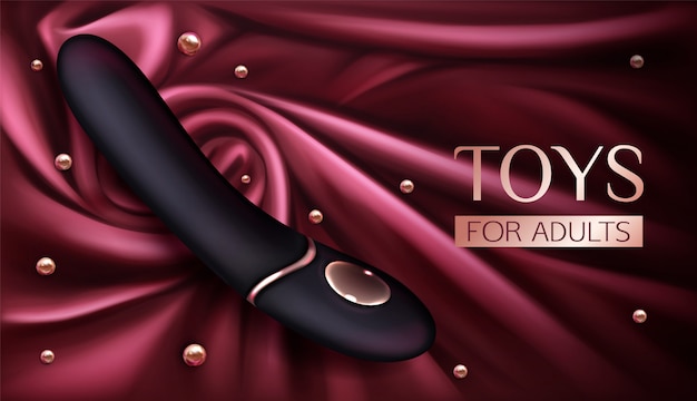 Vibrador, juguete sexual para adultos, consolador para el placer de la mujer y juegos eróticos sobre tela drapeada de seda roja.