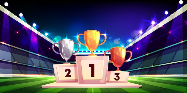 Vector gratuito victoria en concepto de dibujos animados de competición deportiva con trofeos de copa de oro, plata y bronce