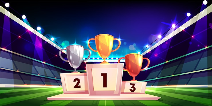 Vector gratuito victoria en concepto de dibujos animados de competición deportiva con trofeos de copa de oro, plata y bronce