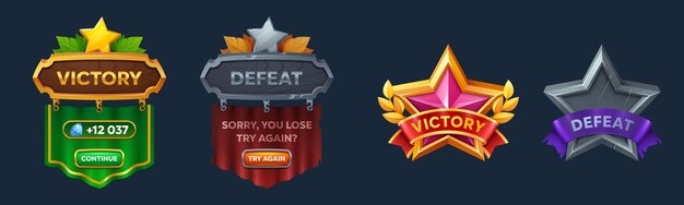 Victoria y derrota ui icono de la pantalla del juego con cinta