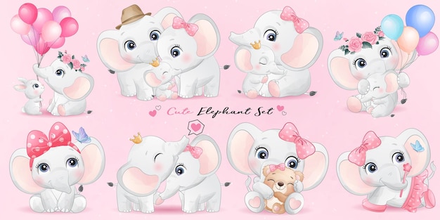 Vida de elefante pequeño lindo con conjunto de ilustración de acuarela
