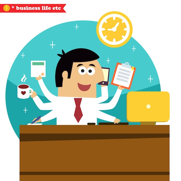 Vida de negocio. multitarea y multiusos hombre de negocios de todos los oficios con café escritorio de teléfono y ordenador ilustración vectorial