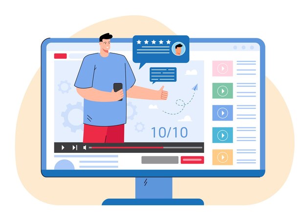 Video con blogger haciendo revisión de smartphone. Hombre recomendando teléfono en vlog en su ilustración de vector plano de canal. Publicidad, concepto de tecnología para banner, diseño de sitio web o página web de inicio