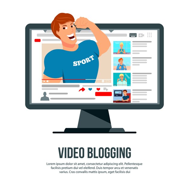 Video blogging popular personaje de autor deportivo aparece en la pantalla de la computadora encabezado del sitio web de publicidad plana