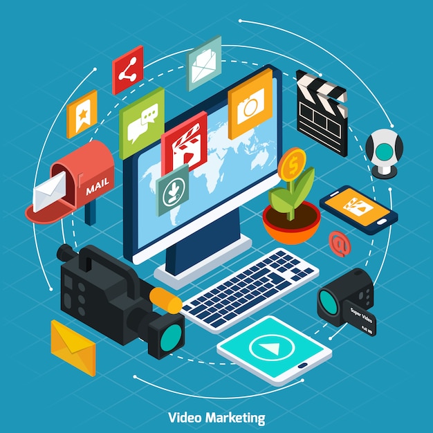 Vector gratuito video marketing concepto isométrico