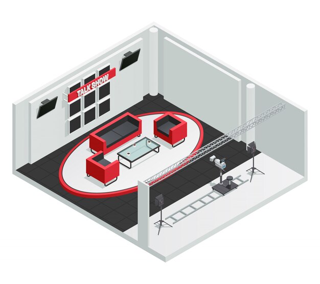 Video tv talk show studio composición isométrica interior con cámara de muebles