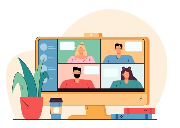 Videoconferencia con gente feliz en la ilustración plana de escritorio