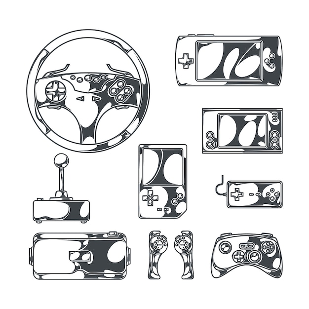 Vector gratuito videojuegos ambientados con imágenes monocromáticas de estilo boceto de mandos de mando vintage y dispositivos de juego portátiles