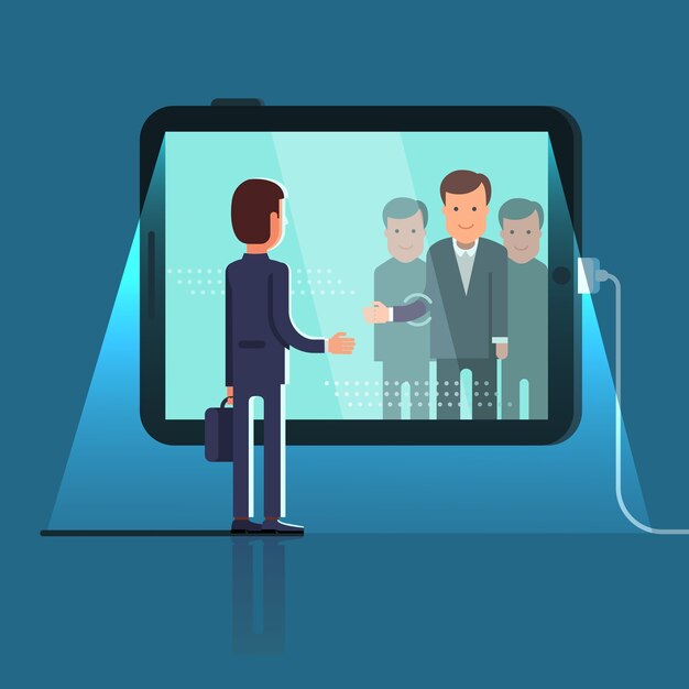 Videollamada de conferencia a través de una enorme tableta