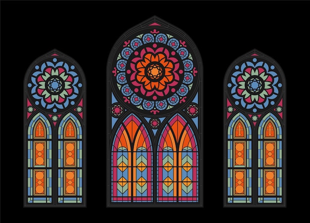 Vector gratuito vidrieras coloridas ventanas de la catedral de mosaico en la iglesia gótica oscura hermosa vista interior clouseup ilustración