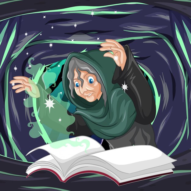 Vieja bruja con hechizo y libro de estilo de dibujos animados sobre fondo oscuro de la cueva
