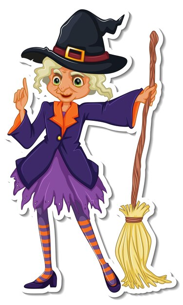 Una vieja bruja con personaje de dibujos animados de escoba pegatina