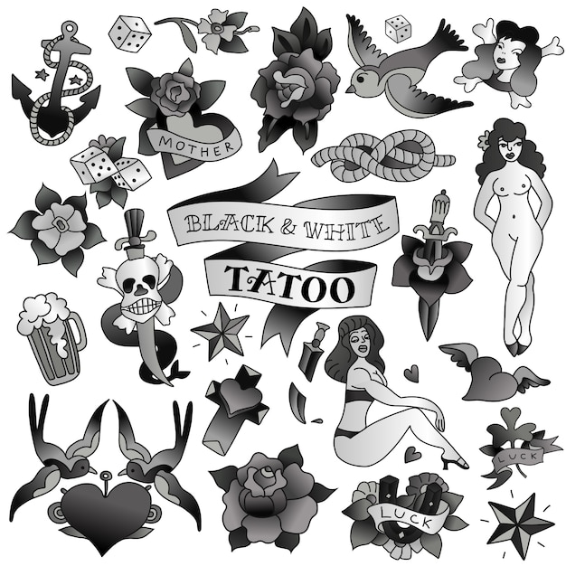 Vector gratuito vieja escuela de tatuaje monocromo